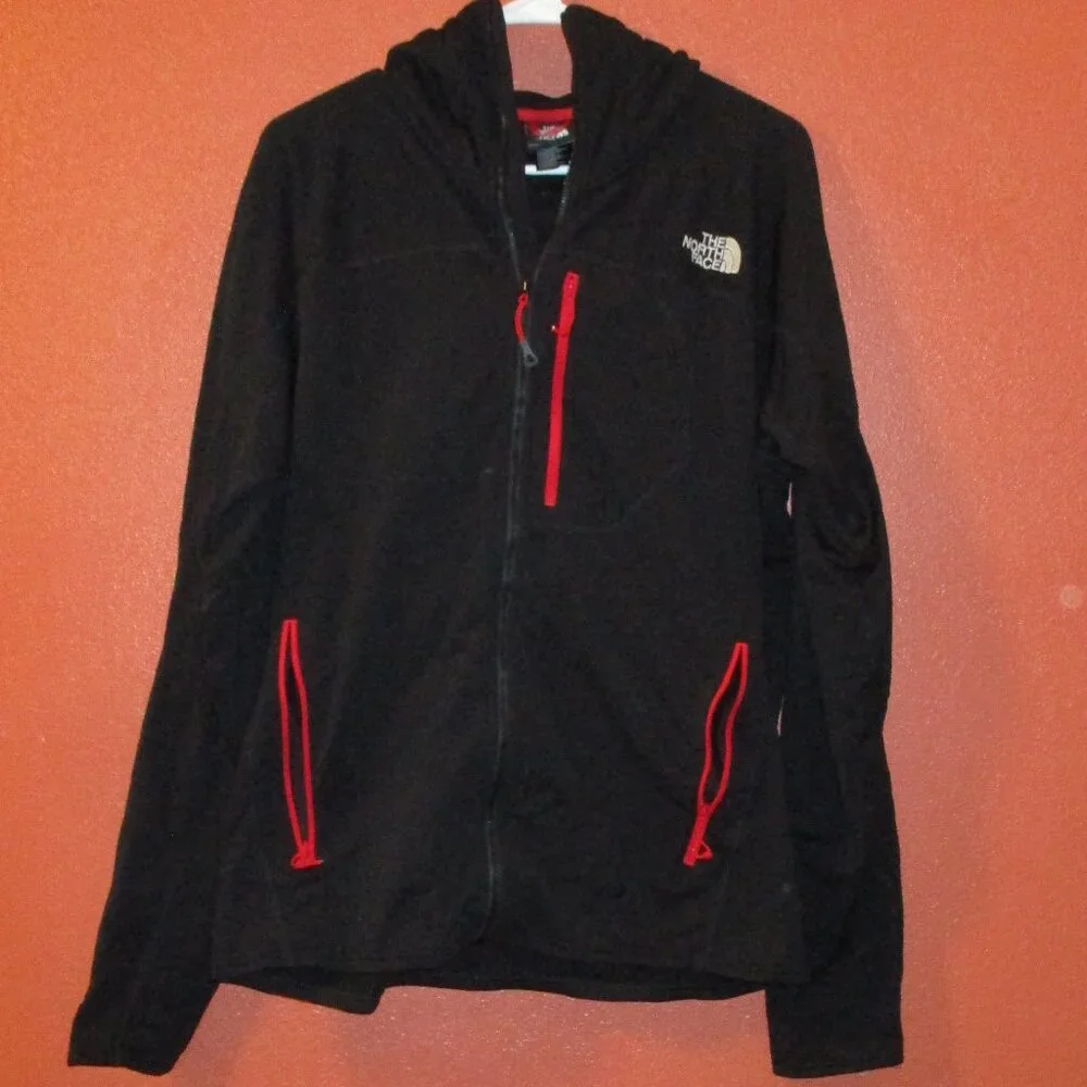 North Face Jacket Men Large Black Red Full Zip Pockets Outdoors Hooded Jacket